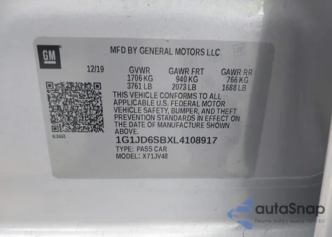 2020 Chevrolet Sonic Fwd Lt 5-Door from USA, damaged, VIN 1G1JD6SBXL4108917